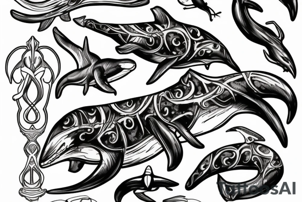 Skeleton with trident riding orca whale tattoo idea