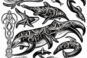Skeleton with trident riding orca whale tattoo idea