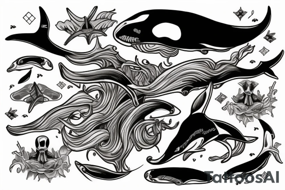 Skeleton with trident riding orca whale tattoo idea