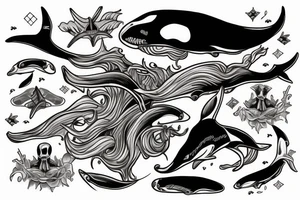 Skeleton with trident riding orca whale tattoo idea