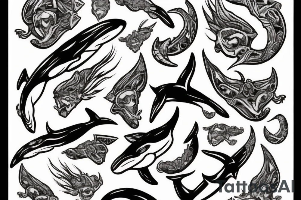Skeleton trident riding orca whale tattoo idea