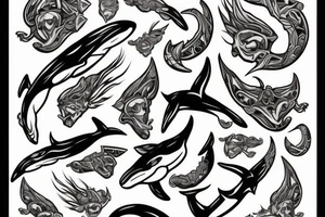 Skeleton trident riding orca whale tattoo idea