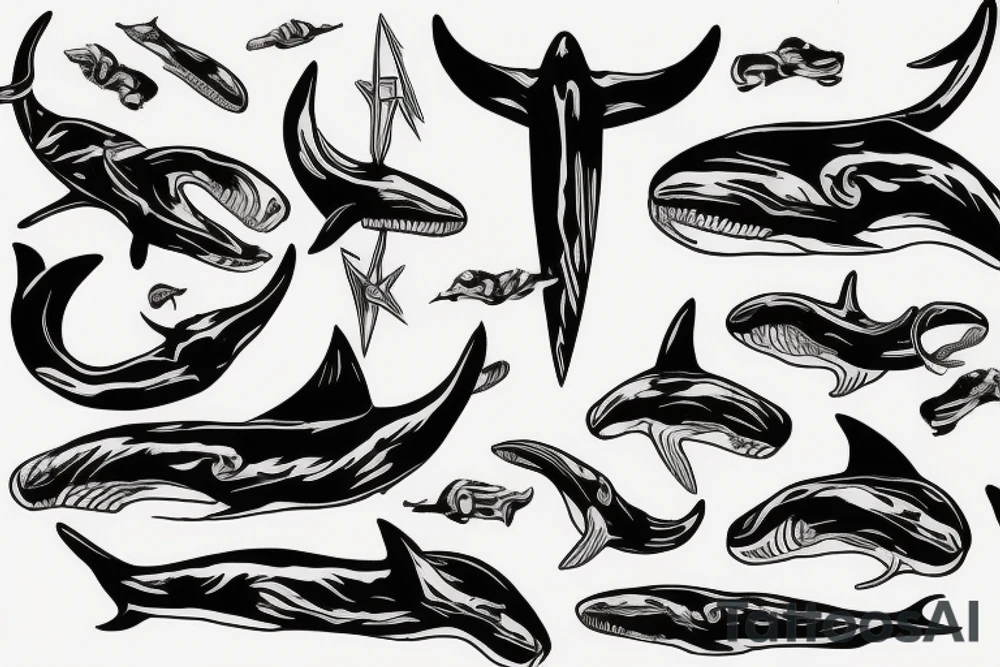 Skeleton trident riding orca whale tattoo idea