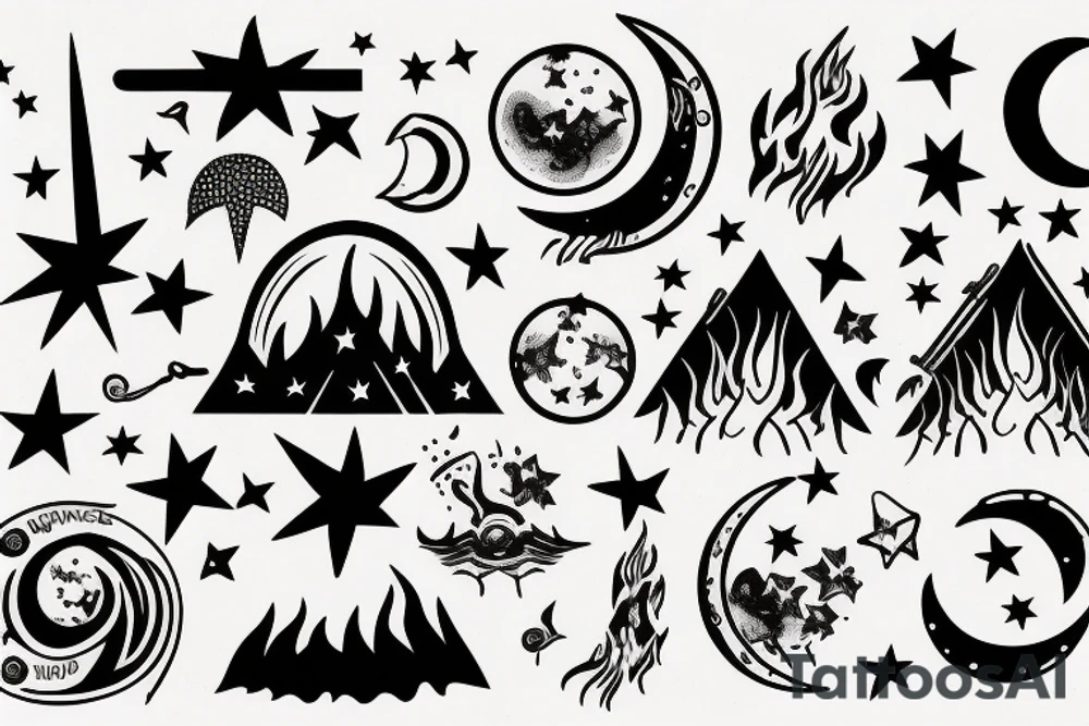 bonfire under stars and moon tattoo idea