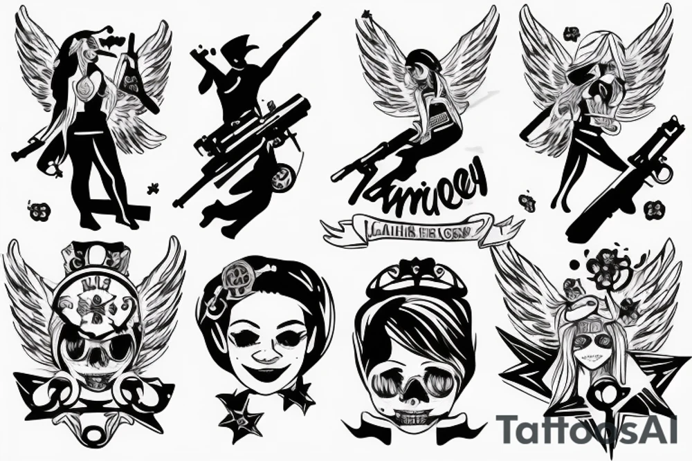 A smiling angel with a machine gun tattoo idea