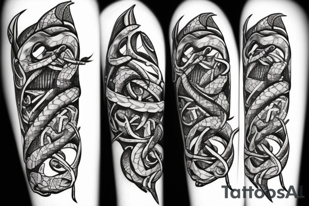 Snake around the flower and an arrow tattoo idea
