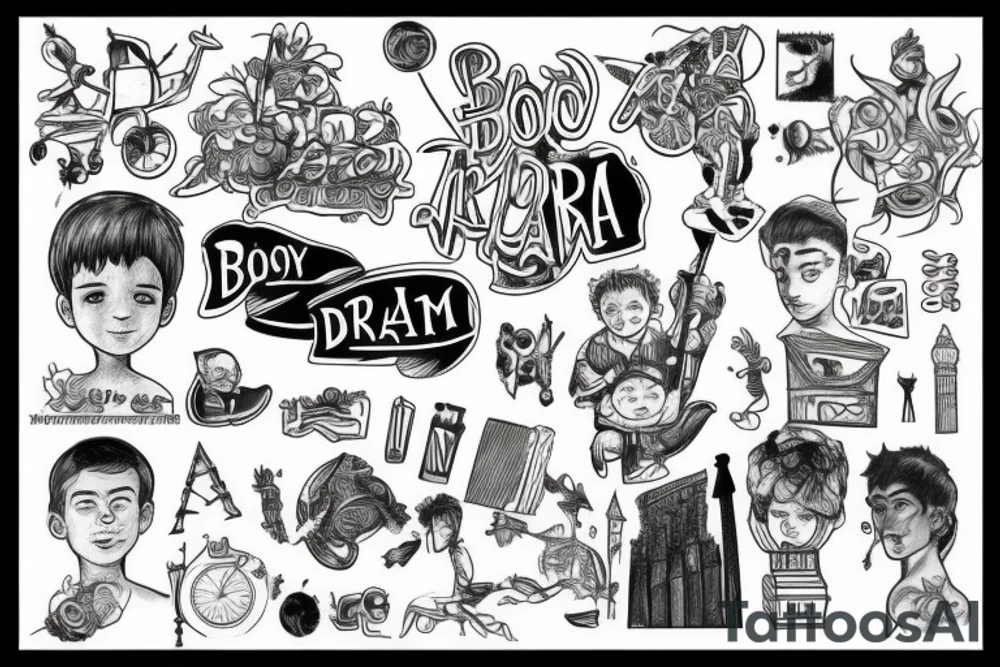 A boy with a dream on the background of the city of Barcelona tattoo idea
