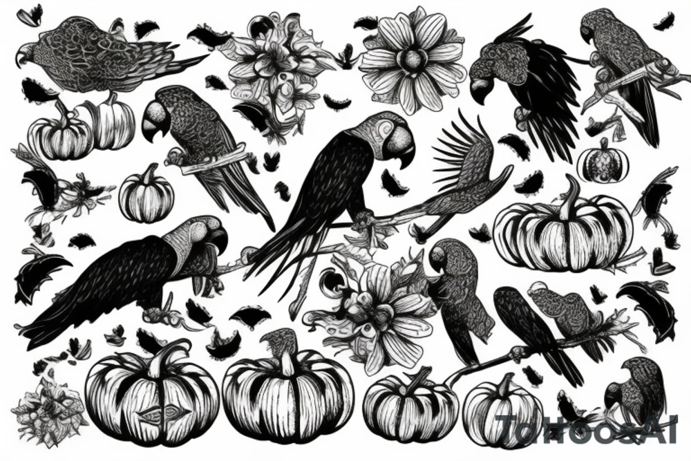 huge parrot flying in the sky surrounded by pumpkins tattoo idea
