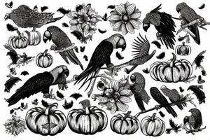 huge parrot flying in the sky surrounded by pumpkins tattoo idea