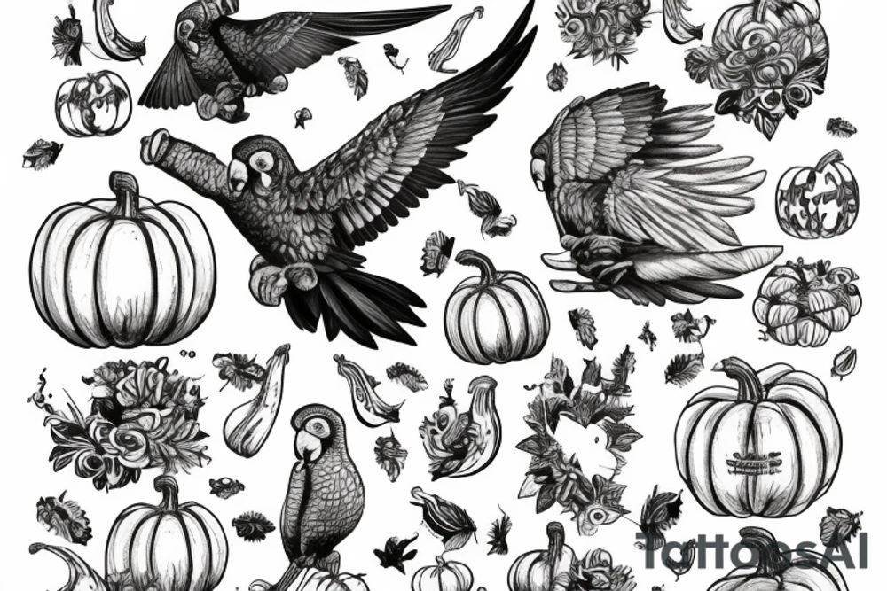 huge parrot flying in the sky surrounded by pumpkins tattoo idea