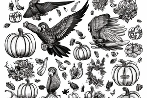 huge parrot flying in the sky surrounded by pumpkins tattoo idea