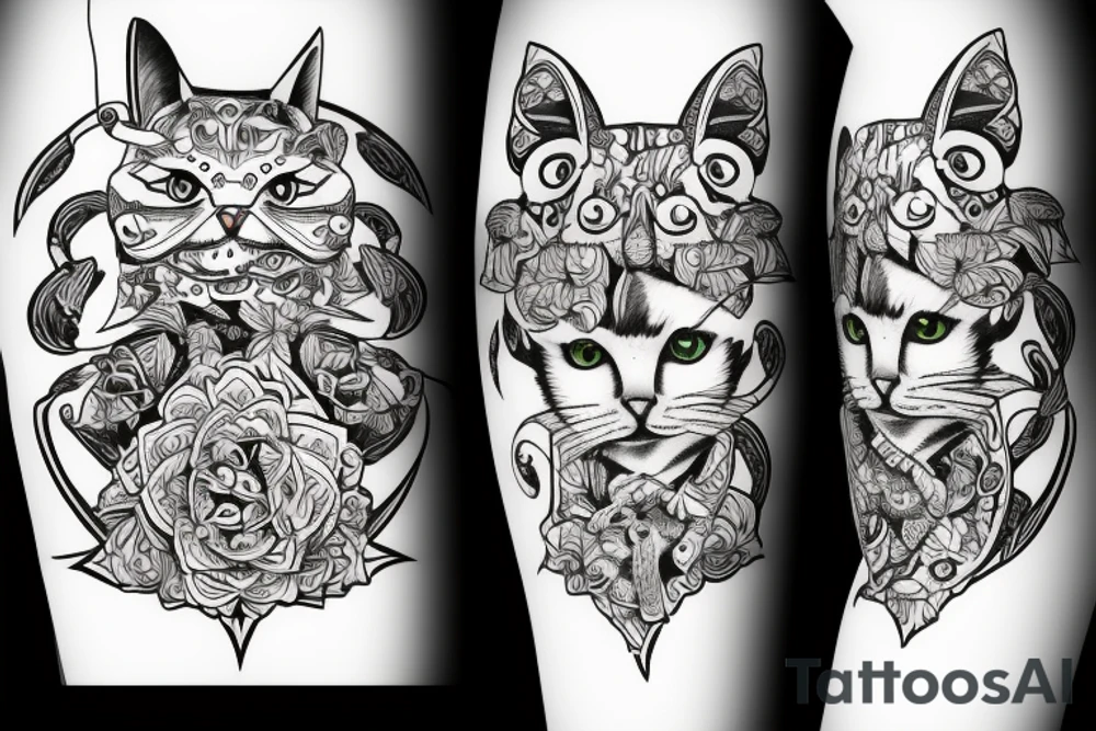 cat  wit bones and die tattoo idea