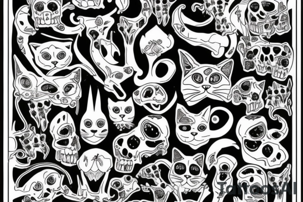 cat with bones and die tattoo idea