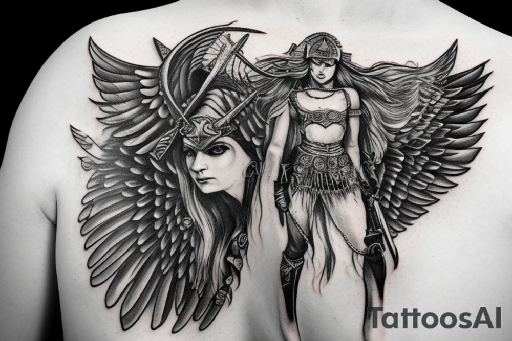 valkyrie viking wings on helmet blue eyes tattoo idea