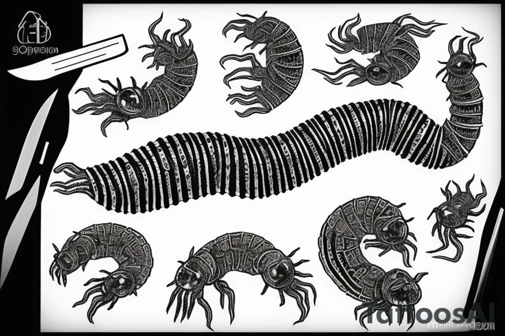 centipede with eyes, covering a knife tattoo idea