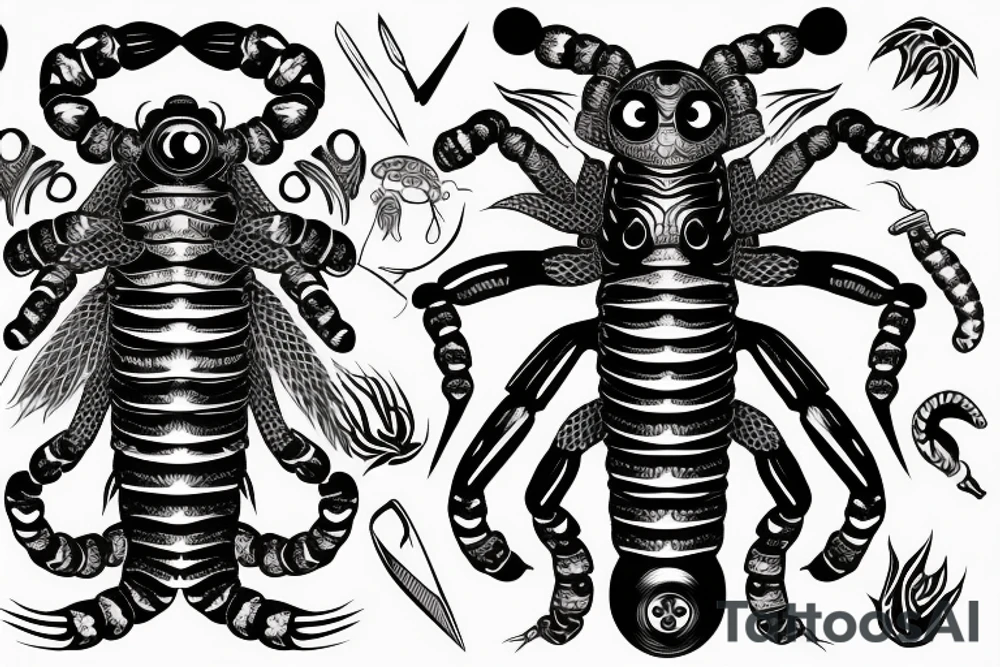 a scolopendra with eyes all over its body, wrapped around a knife tattoo idea