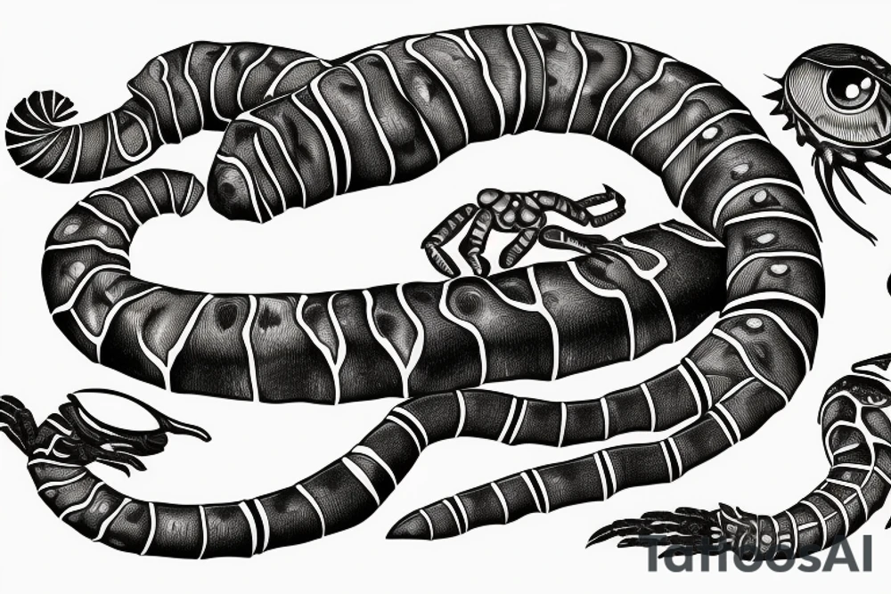 a scolopendra with eyes all over its body, wrapped around a knife tattoo idea