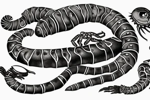 a scolopendra with eyes all over its body, wrapped around a knife tattoo idea