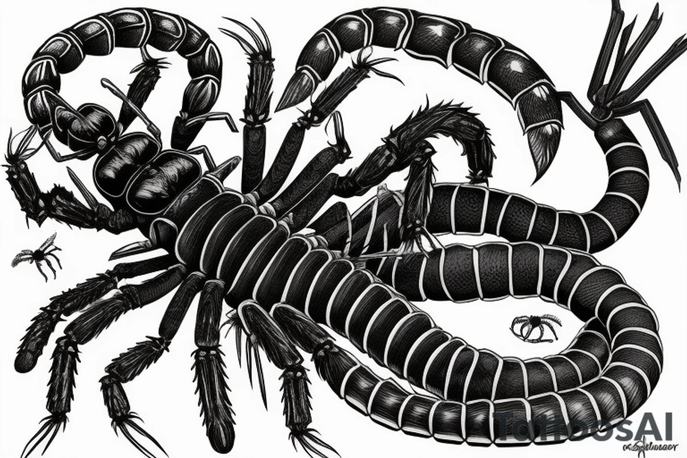 a claymore with a huge scolopendra crawling on it and lots of spiders tattoo idea