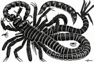 a claymore with a huge scolopendra crawling on it and lots of spiders tattoo idea