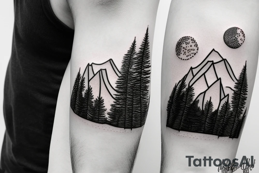 Modern Mountain range with trees, snow and a sky line tattoo idea