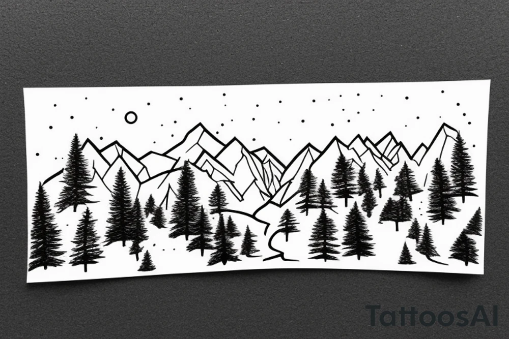 Modern Mountain range with trees, snow and a sky line tattoo idea