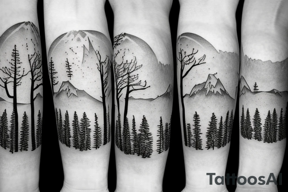 Modern Mountain range with trees, snow and a sky line tattoo idea Modern Mountain range with trees, snow and a sky line tattoo idea