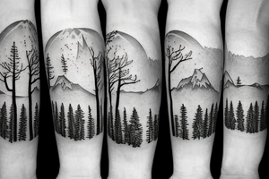 Modern Mountain range with trees, snow and a sky line tattoo idea