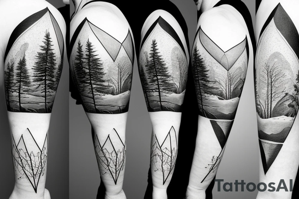 Modern Mountain range with trees, snow and a sky line tattoo idea Modern Mountain range with trees, snow and a sky line tattoo idea