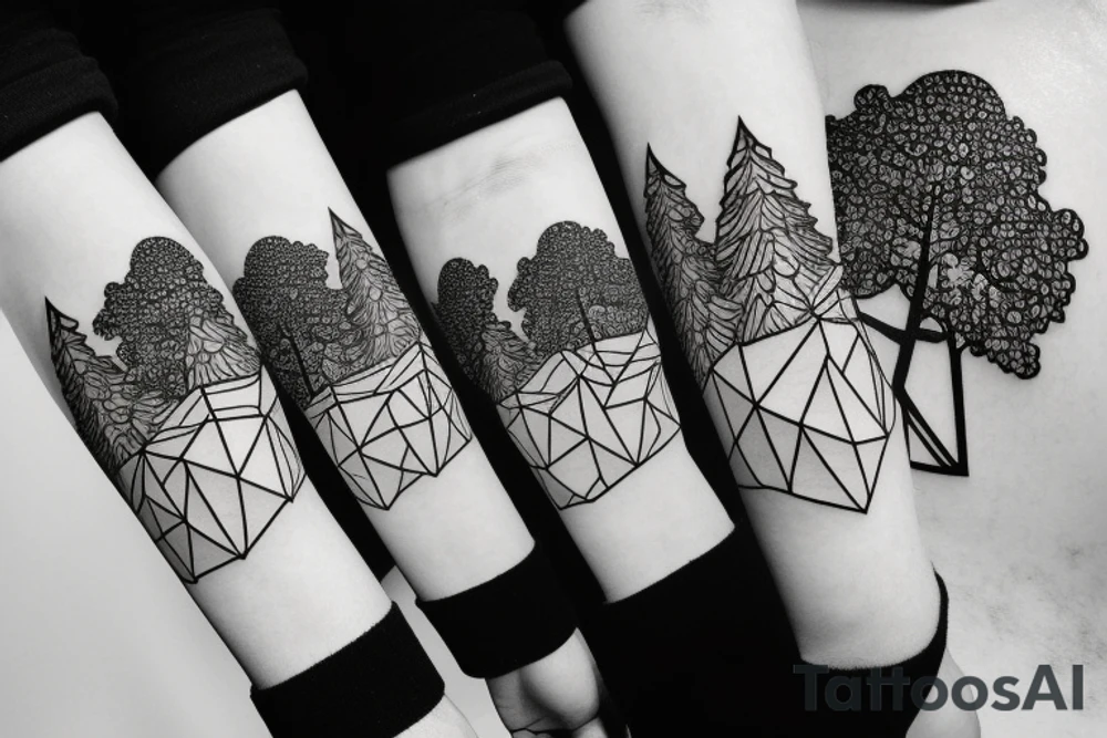 Modern Mountain range with trees, snow and a sky line tattoo idea