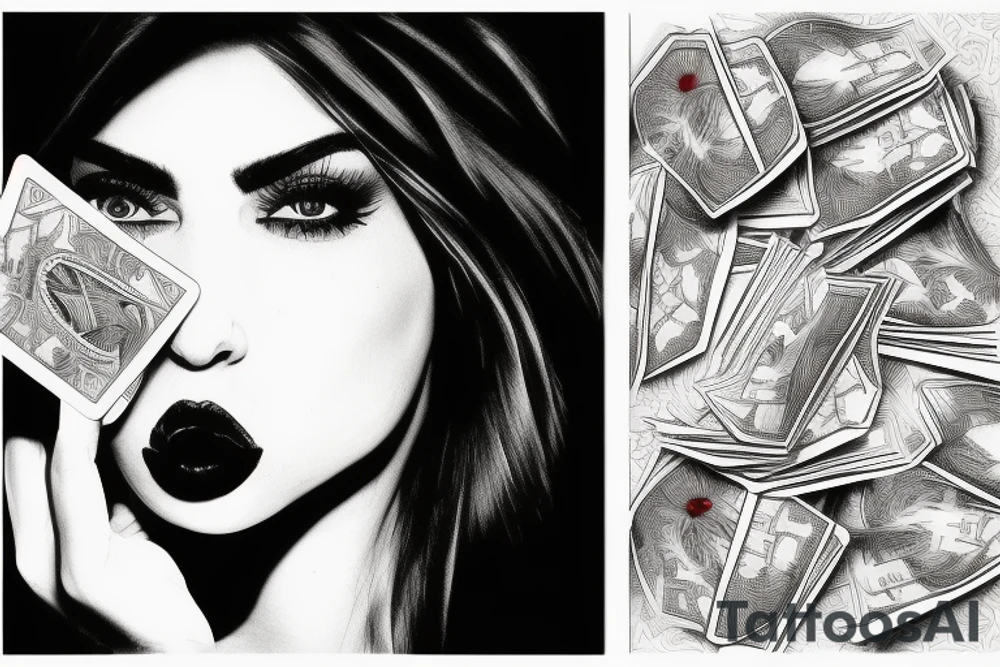 the lip of a beautiful woman's mouth biting on a roll of dollars, two ace cards are below her chin, city skyscrapers behind tattoo idea