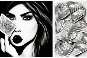 the lip of a beautiful woman's mouth biting on a roll of dollars, two ace cards are below her chin, city skyscrapers behind tattoo idea