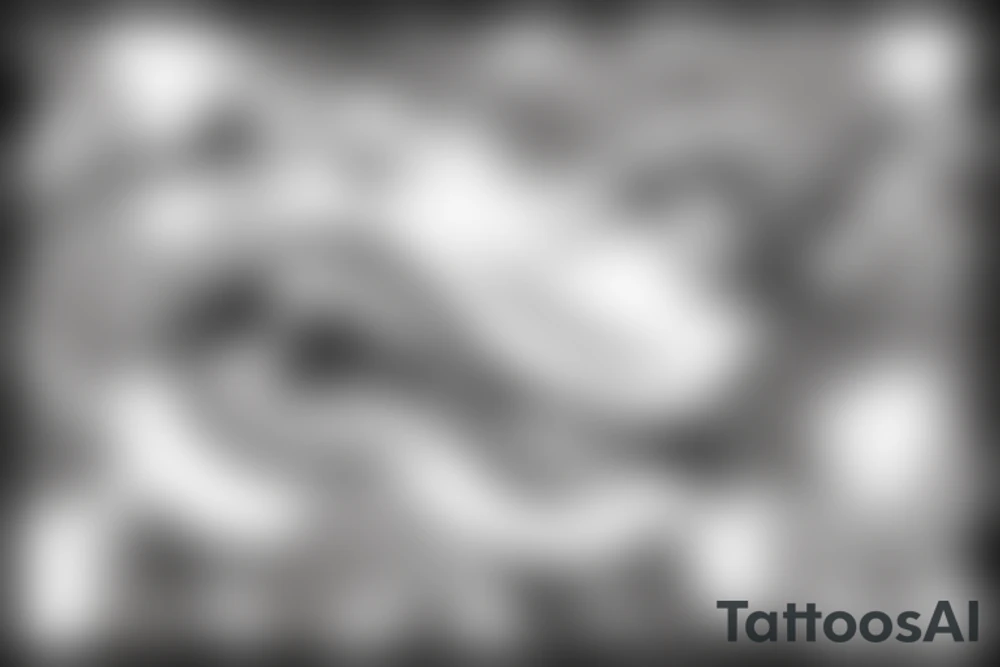 the lip of a beautiful woman's mouth biting on a roll of dollars, two ace cards are below her chin, city skyscrapers behind tattoo idea
