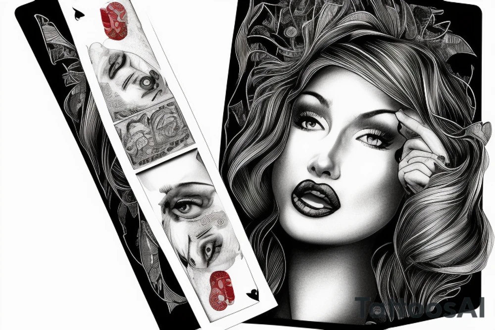 the lip of a beautiful woman's mouth biting on a roll of dollars, two ace cards are below her chin, city skyscrapers behind tattoo idea