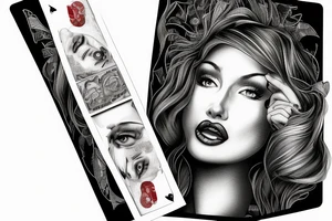 the lip of a beautiful woman's mouth biting on a roll of dollars, two ace cards are below her chin, city skyscrapers behind tattoo idea