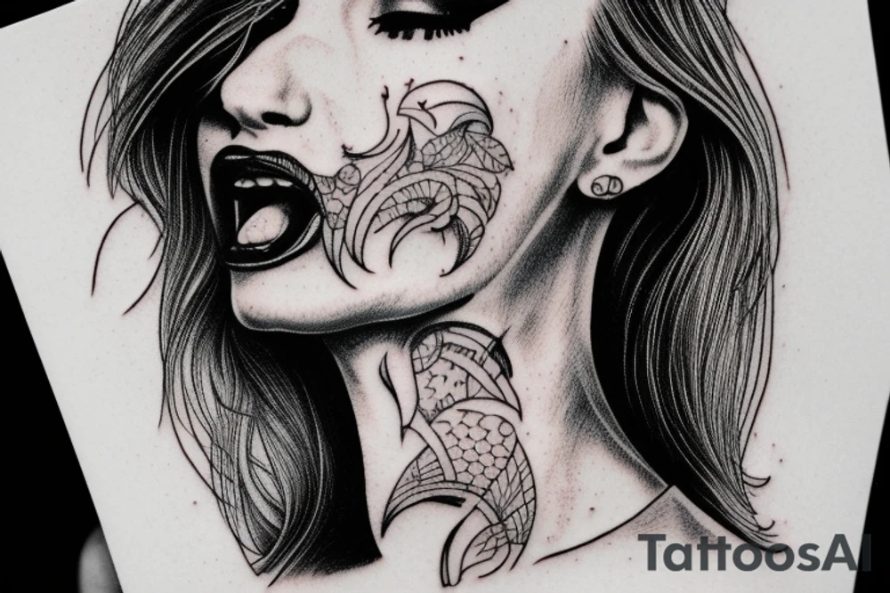 A tattoo of the lip of a beautiful woman's mouth biting on a roll of dollars, two ace cards are below her chin, city skyscrapers behind tattoo idea