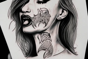 A tattoo of the lip of a beautiful woman's mouth biting on a roll of dollars, two ace cards are below her chin, city skyscrapers behind tattoo idea