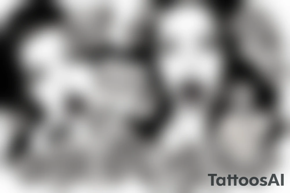 A tattoo of the lip of a beautiful woman's mouth biting on a roll of dollars, two ace cards are below her chin, city skyscrapers behind tattoo idea