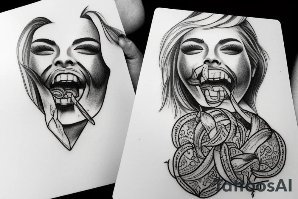 A tattoo of the lip of a beautiful woman's mouth biting on a roll of dollars, two ace cards are below her chin, city skyscrapers behind tattoo idea