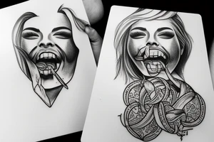 A tattoo of the lip of a beautiful woman's mouth biting on a roll of dollars, two ace cards are below her chin, city skyscrapers behind tattoo idea