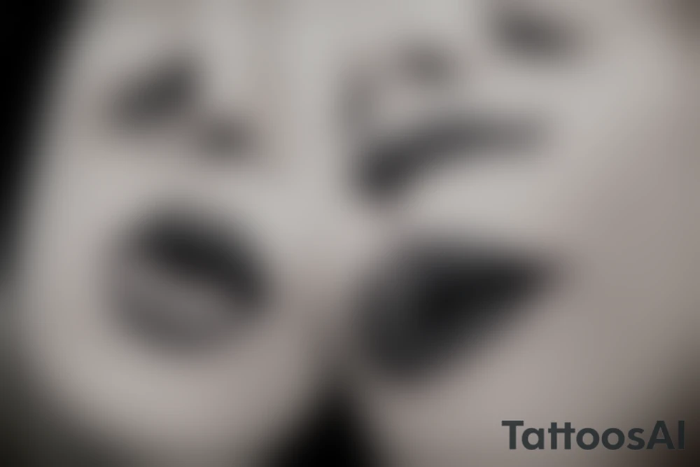 A tattoo of the lip of a beautiful woman's mouth biting on a roll of dollars, two ace cards are below her chin, city skyscrapers behind tattoo idea