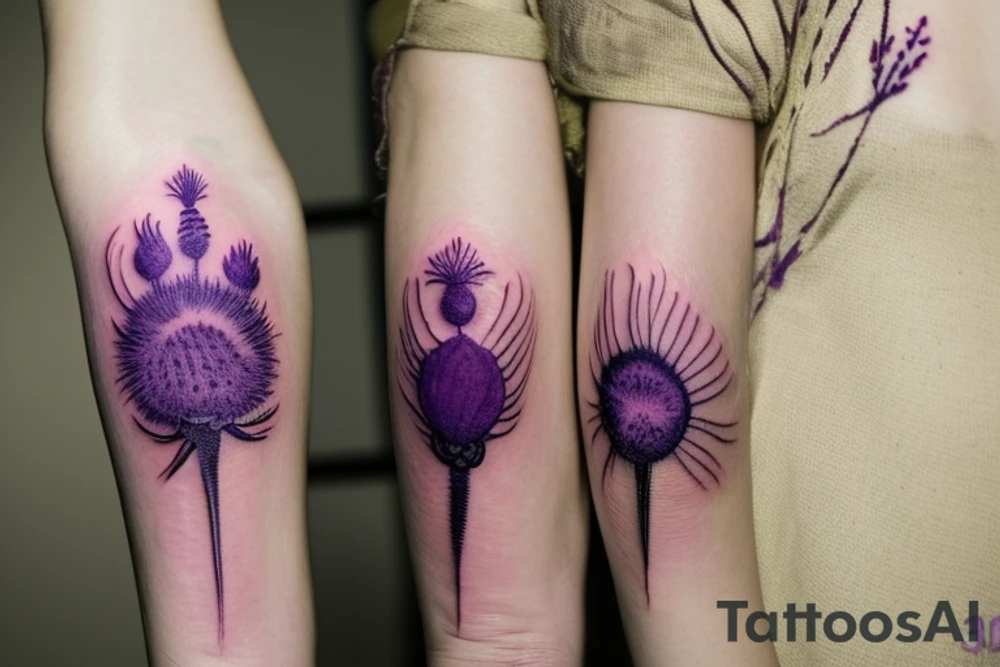 thistle tattoo bright, acidic, cyberpunk, prickly, realistic, hand-drawn, pleasant, beautiful, feminine, delicate and amazing, thin lines, three flowers of different sizes, at different heights, wide buds connected to each other, but small flowers in the form of a purple flame, thorns in all directions with the effect of smeared paint, gentle and cute tattoo tattoo idea