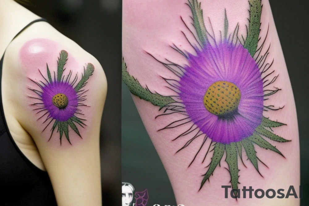 thistle tattoo bright, acidic, cyberpunk, prickly, realistic, hand-drawn, pleasant, beautiful, feminine, delicate and amazing, thin lines, three flowers of different sizes, at different heights, wide buds connected to each other, but small flowers in the form of a purple flame, thorns in all directions with the effect of smeared paint, gentle and cute tattoo tattoo idea