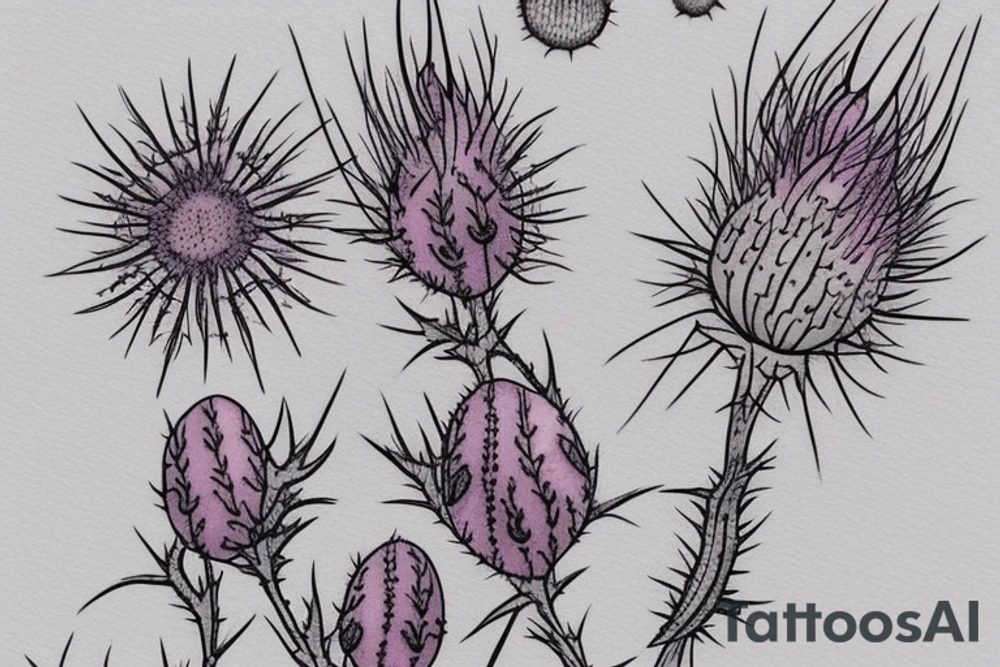 thistle tattoo bright, prickly, realistic, hand-drawn, pleasant, beautiful, feminine, delicate and amazing, thin lines, three flowers, wide buds connected to each other, but small flowers in the form of a lilac flame, thorns in all directions with the effect of smeared paint soft and cute tattoo tattoo idea
