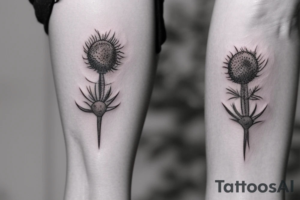 thistle tattoo bright, prickly, realistic, hand-drawn, pleasant, beautiful, feminine, delicate and amazing, thin lines, three flowers, wide buds connected to each other, but small flowers in the form of a lilac flame, thorns in all directions with the effect of smeared paint soft and cute tattoo tattoo idea