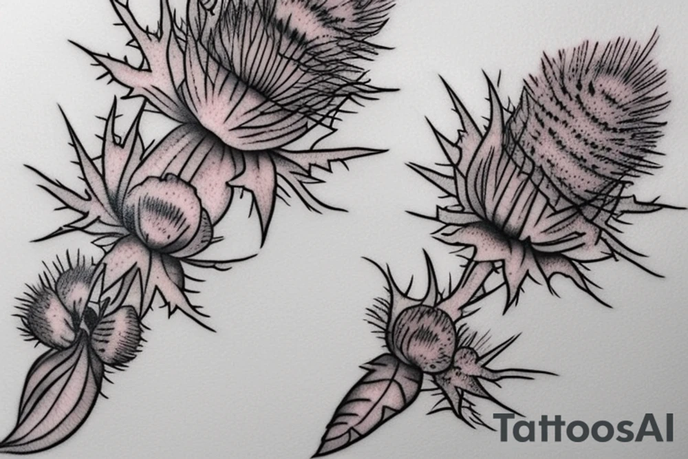 thistle tattoo bright, prickly, realistic, hand-drawn, pleasant, beautiful, feminine, delicate and amazing, thin lines, three flowers, wide buds connected to each other, but small flowers in the form of a lilac flame, thorns in all directions with the effect of smeared paint soft and cute tattoo tattoo idea