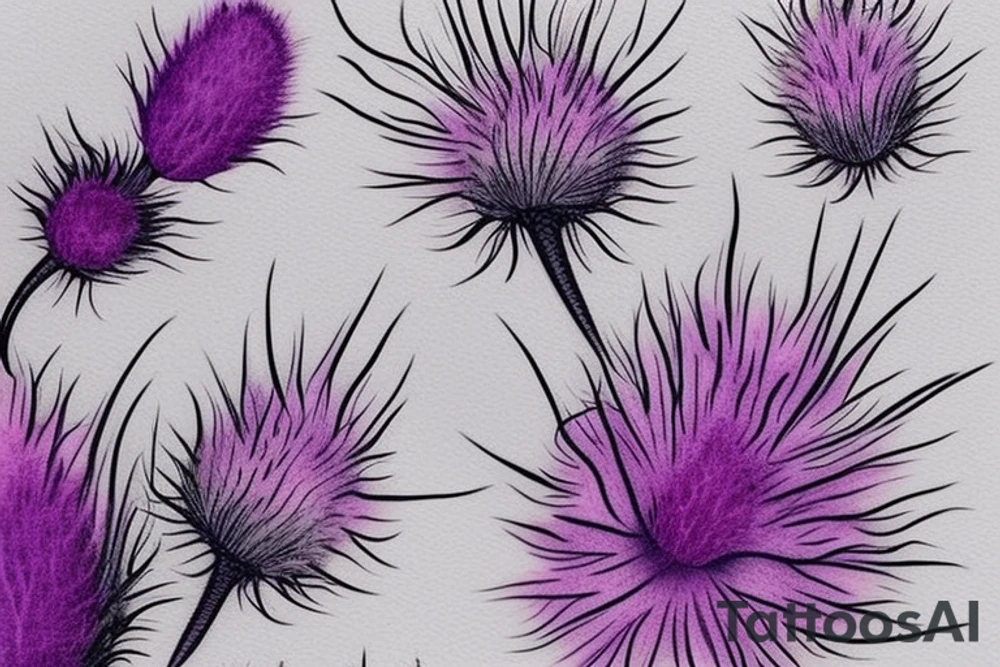 thistle tattoo bright, prickly, realistic, hand-drawn, pleasant, beautiful, feminine, delicate and amazing, thin lines, three flowers, wide buds connected to each other, but small flowers in the form of a lilac flame, thorns in all directions with the effect of smeared paint soft and cute tattoo tattoo idea