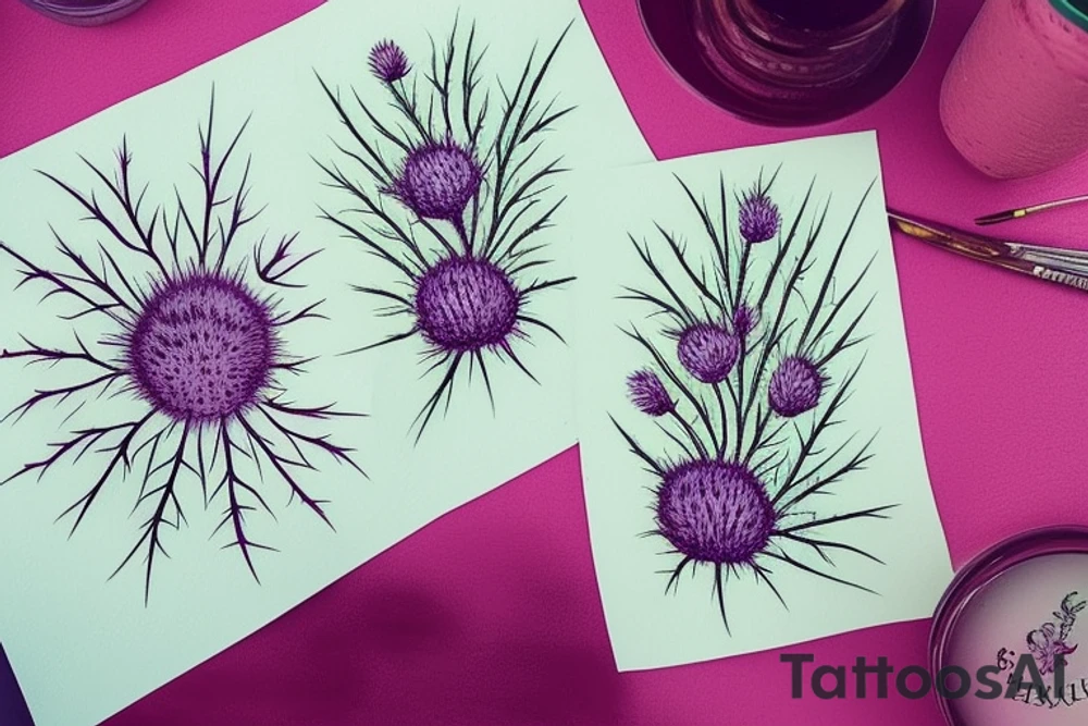 thistle tattoo bright, prickly, realistic, hand-drawn, pleasant, beautiful, feminine, delicate and amazing, thin lines, three flowers, wide buds connected to each other, but small flowers in the form of a lilac flame, thorns in all directions with the effect of smeared paint soft and cute tattoo tattoo idea