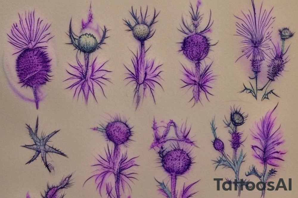 thistle tattoo bright, prickly, realistic, hand-drawn, pleasant, beautiful, feminine, delicate and amazing, thin lines, three flowers, wide buds connected to each other, but small flowers in the form of a lilac flame, thorns in all directions with the effect of smeared paint soft and cute tattoo tattoo idea