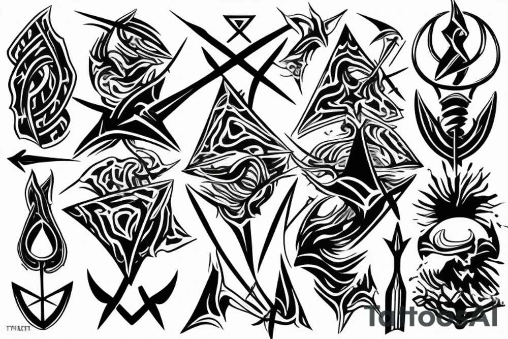 Dark rough sea geometric trident tattoo idea